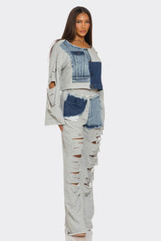 Women's Distressed Denim Patchwork Two-Piece Set