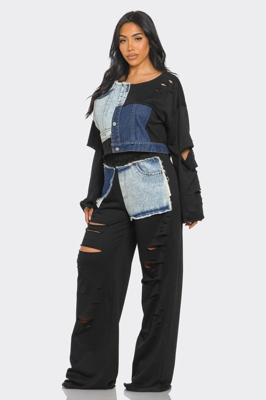 Women's Distressed Denim Patchwork Two-Piece Set