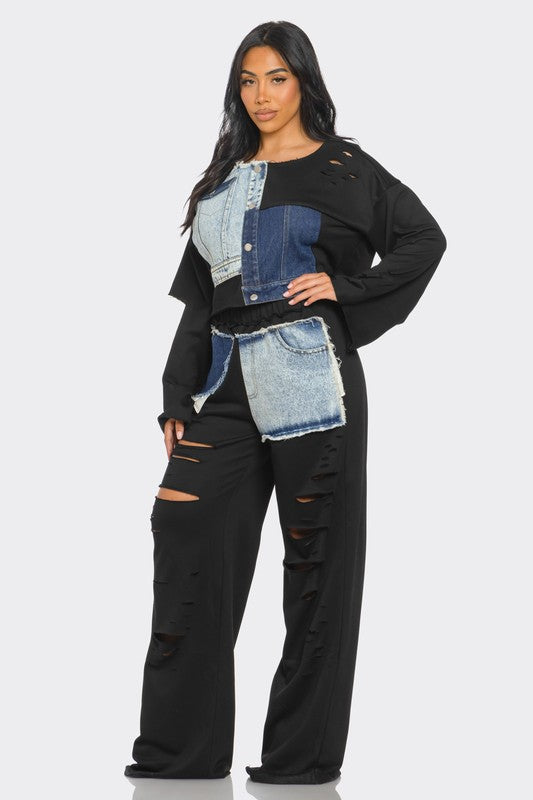 Women's Distressed Denim Patchwork Two-Piece Set