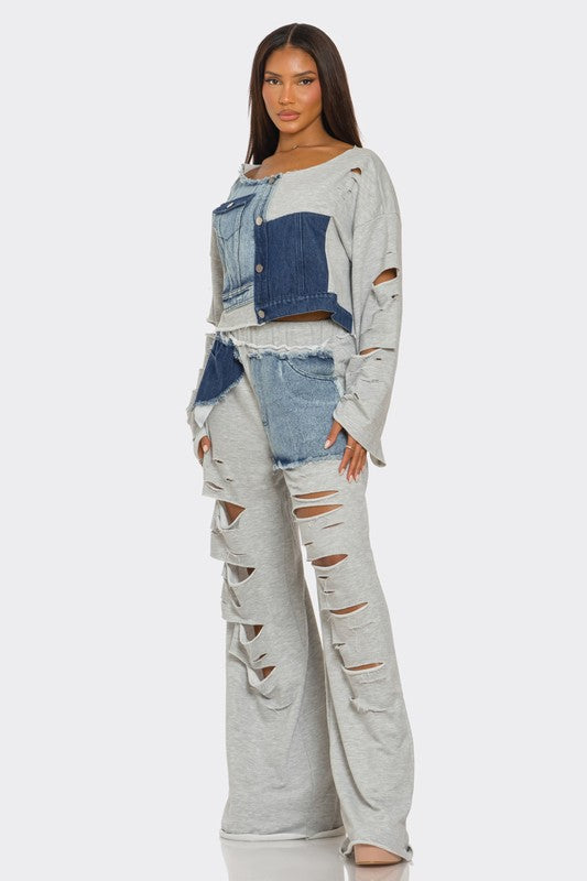 Women's Distressed Denim Patchwork Two-Piece Set