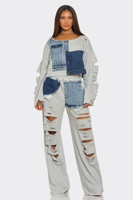 Women's Distressed Denim Patchwork Two-Piece Set