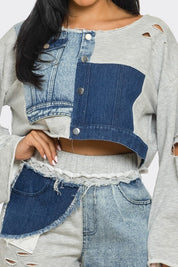 Women's Distressed Denim Patchwork Two-Piece Set