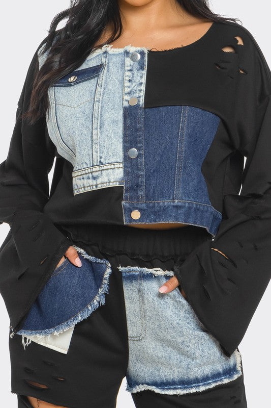 Women's Distressed Denim Patchwork Two-Piece Set