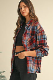 Women's Plaid Print Drop Sleeve Casual Shirt