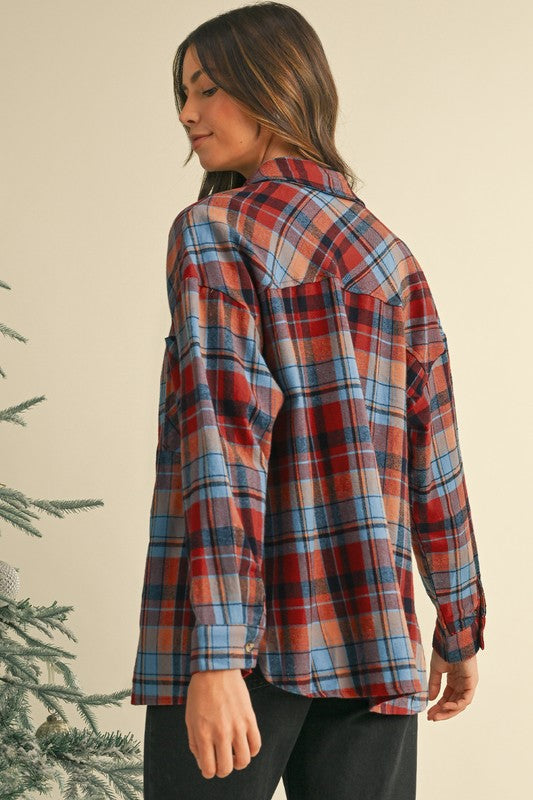 Women's Plaid Print Drop Sleeve Casual Shirt