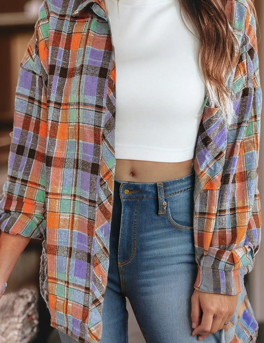 Women's Plaid Print Drop Sleeve Casual Shirt