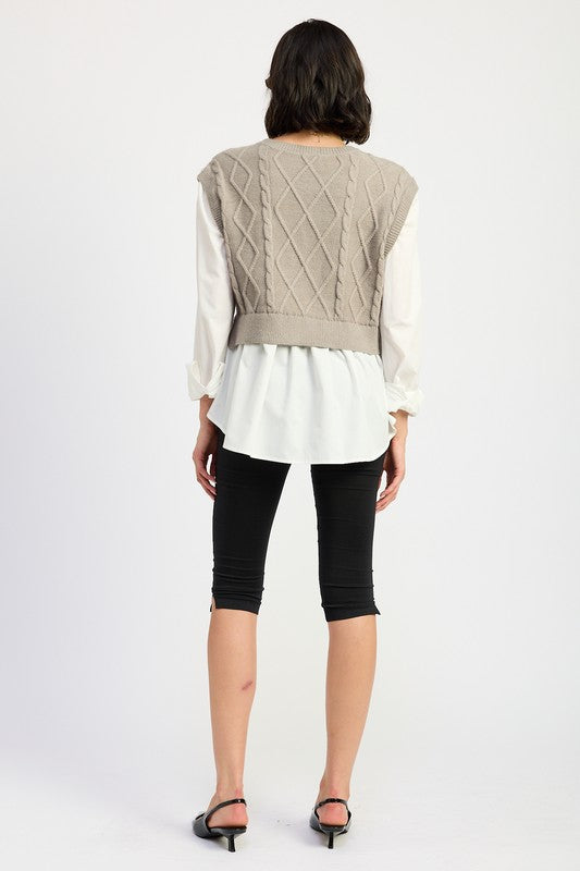 CABLE TWO FER SWEATER TOP