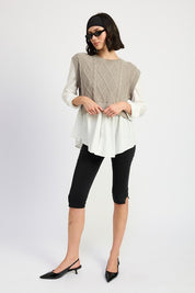 CABLE TWO FER SWEATER TOP