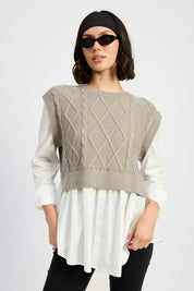 CABLE TWO FER SWEATER TOP