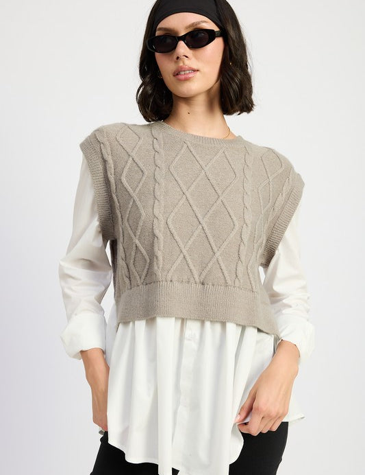 CABLE TWO FER SWEATER TOP