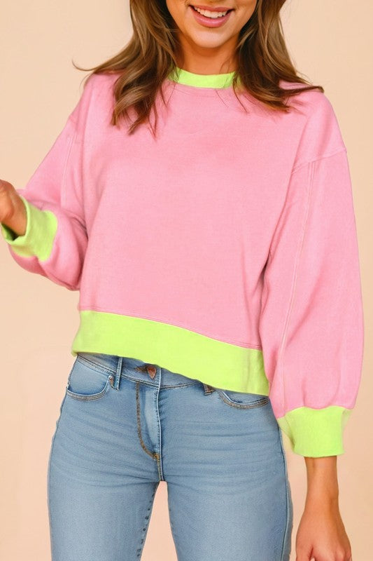 Women's Contrast Trim Bubble Sleeve Sweatshirt