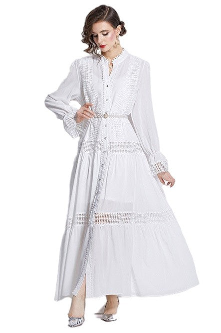 Women's A-Line Long Sleeve Maxi Dress with Belt