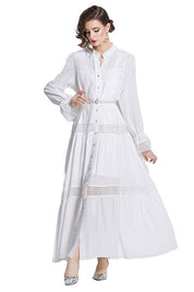 Women's A-Line Long Sleeve Maxi Dress with Belt