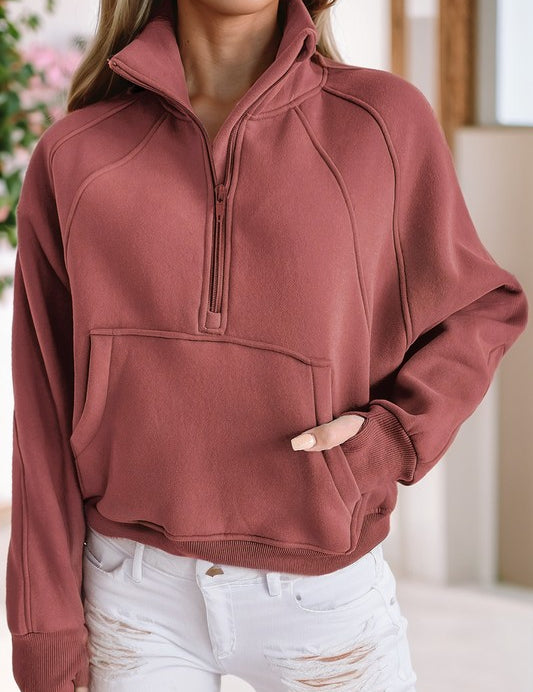 Women's Stand Collar Ribbed Sleeve Sweatshirt