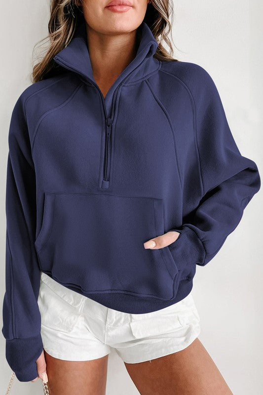 Women's Stand Collar Ribbed Sleeve Sweatshirt