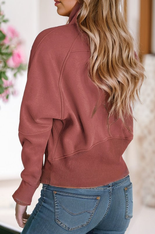 Women's Stand Collar Ribbed Sleeve Sweatshirt