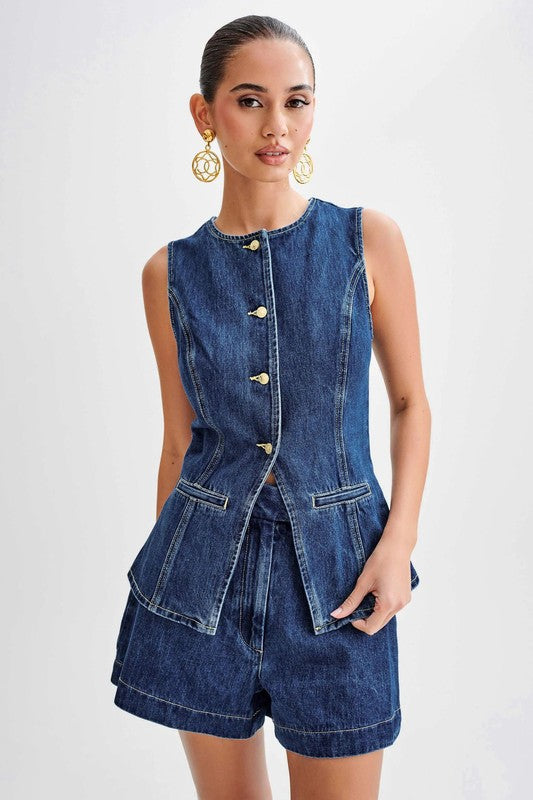 Women's Sleeveless Denim Vest and Shorts Set