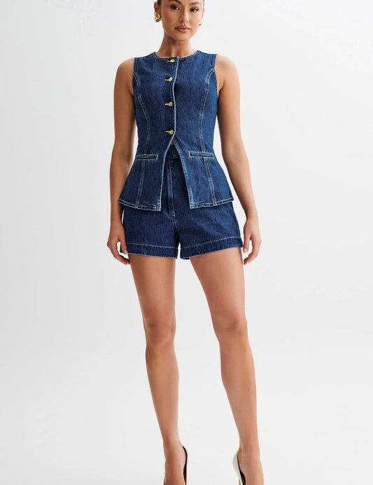 Women's Sleeveless Denim Vest and Shorts Set