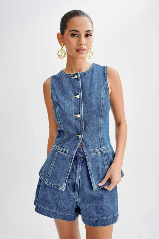 Women's Sleeveless Denim Vest and Shorts Set