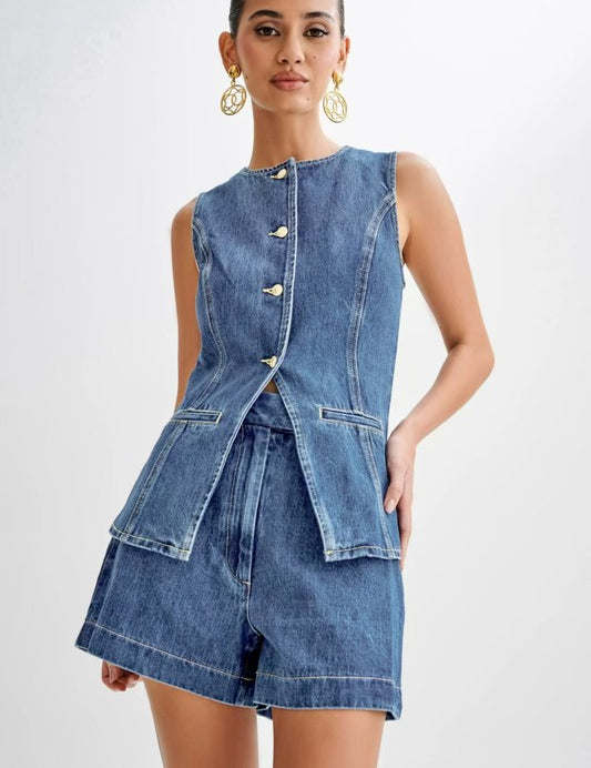 Women's Sleeveless Denim Vest and Shorts Set