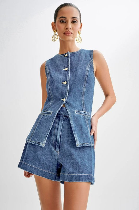 Women's Sleeveless Denim Vest and Shorts Set