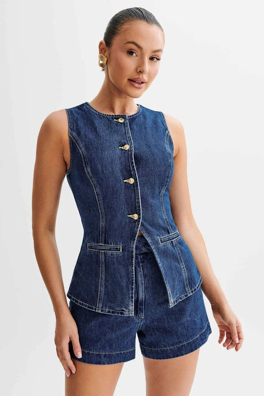 Women's Sleeveless Denim Vest and Shorts Set