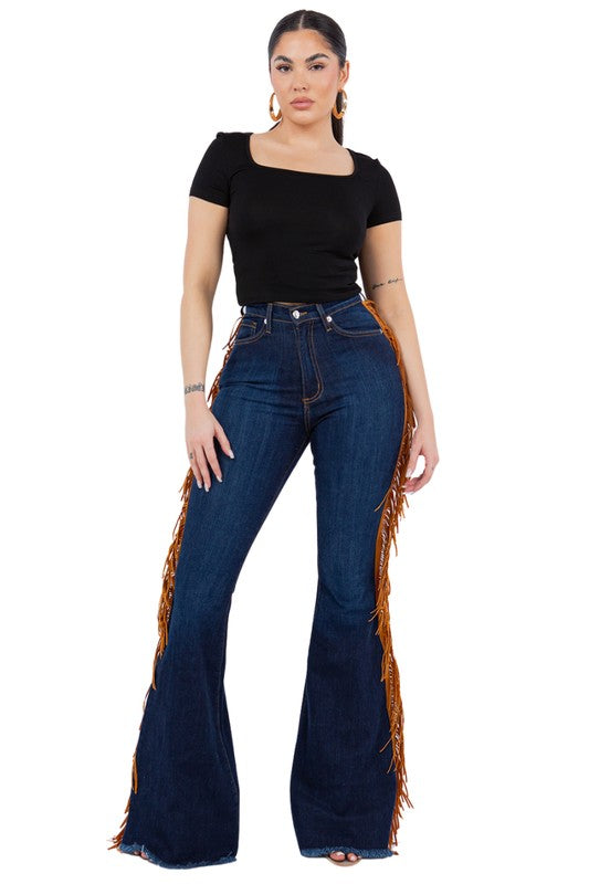 Women's High Rise Fringe Bell Bottom Jeans in Dark Blue