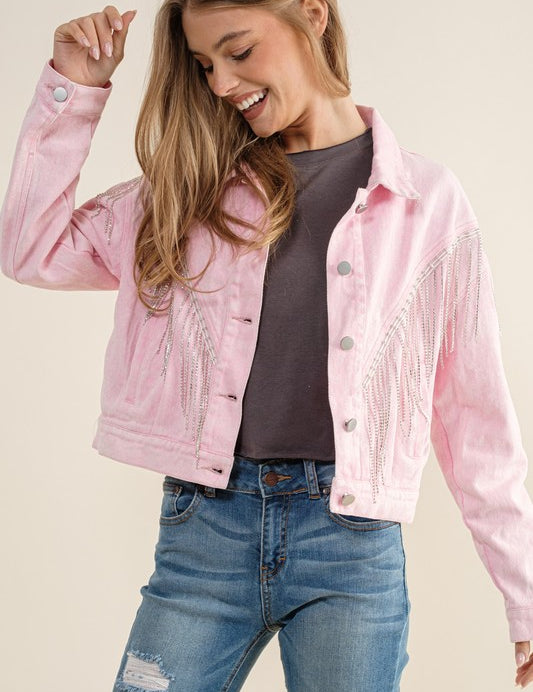 Women's Loose Fit Crop Denim Jacket with Rhinestone Fringe