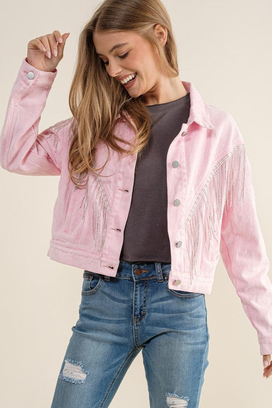 Women's Loose Fit Crop Denim Jacket with Rhinestone Fringe