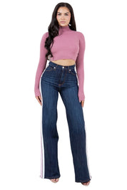 Women's High Rise Striped Wide Leg Jeans in Dark Denim