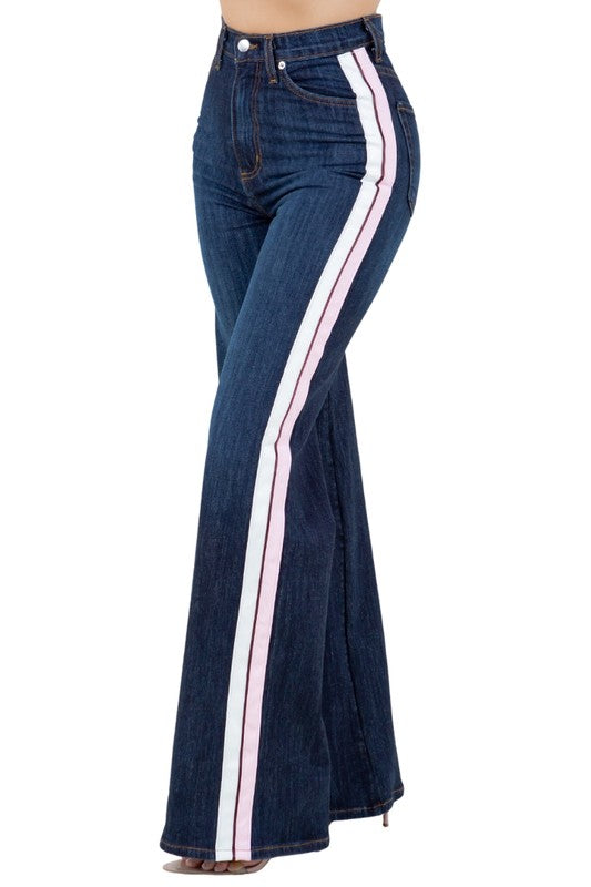 Women's High Rise Striped Wide Leg Jeans in Dark Denim