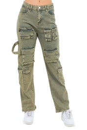 Women's Oversized Cargo Denim Pants with Multi-Pockets