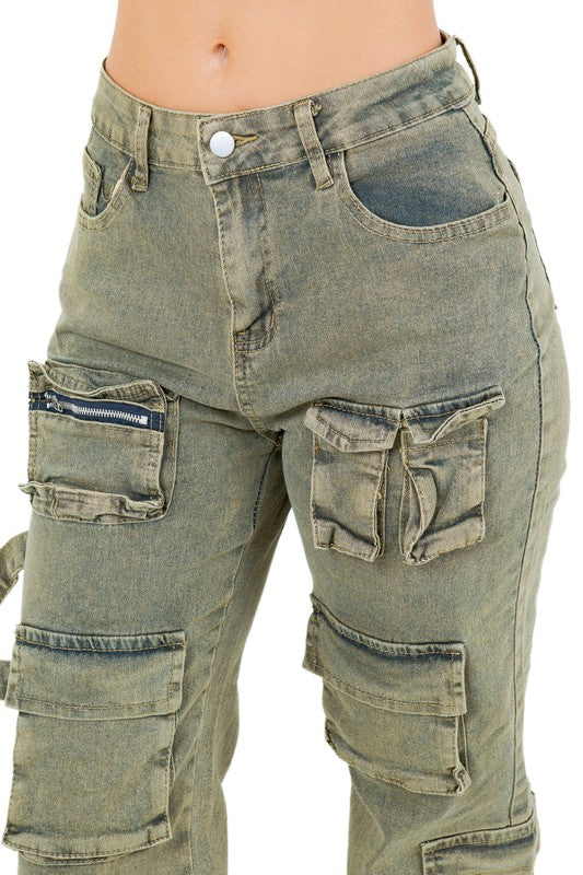 Women's Oversized Cargo Denim Pants with Multi-Pockets