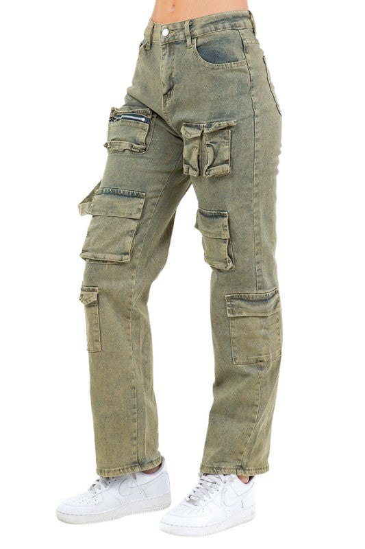 Women's Oversized Cargo Denim Pants with Multi-Pockets