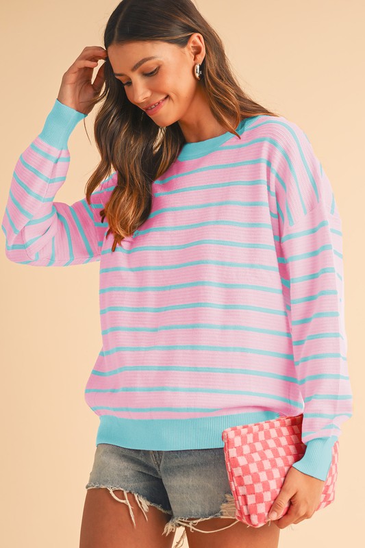 Stripe Round Neck Drop Shoulder Loose Sweater