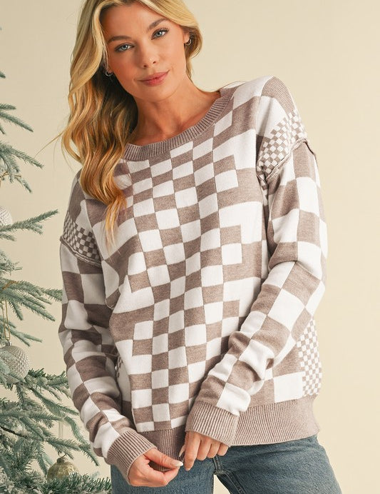 Checkered Drop Shoulder Round Neck Sweater