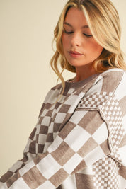 Checkered Drop Shoulder Round Neck Sweater