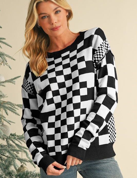 Checkered Drop Shoulder Round Neck Sweater