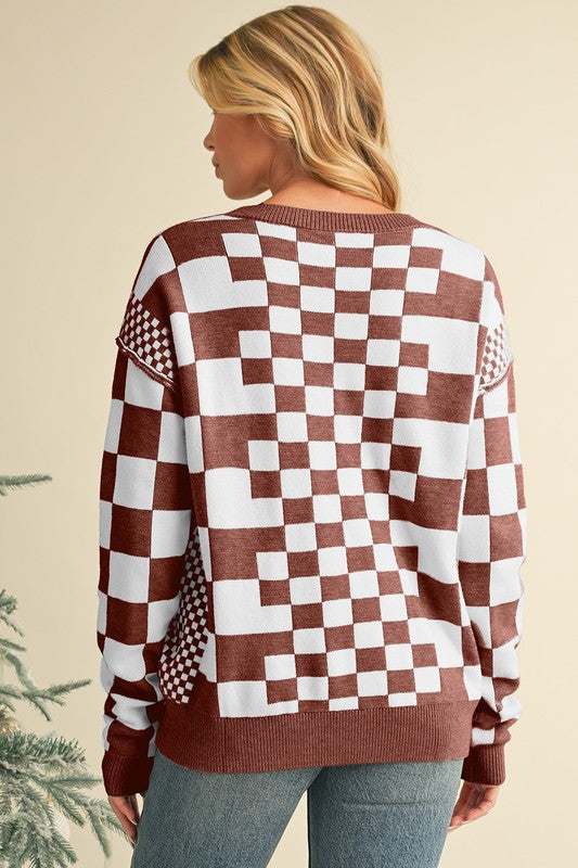 Checkered Drop Shoulder Round Neck Sweater