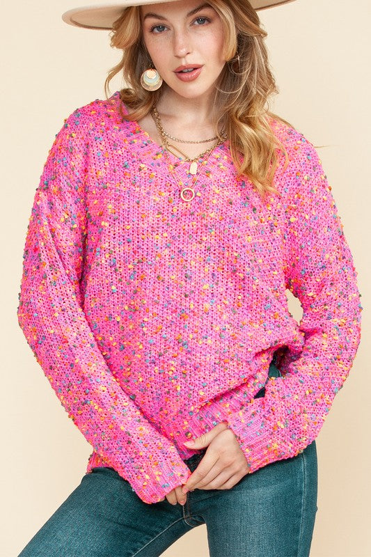 Women's Hot Pink Mixed Color Chunky Knit Sweater