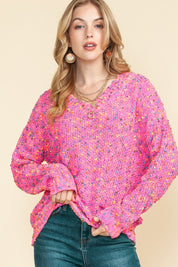 Women's Hot Pink Mixed Color Chunky Knit Sweater