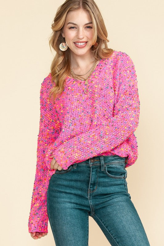 Women's Hot Pink Mixed Color Chunky Knit Sweater