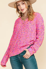 Women's Hot Pink Mixed Color Chunky Knit Sweater