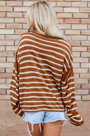 Casual Stripe Round Neck Drop Shoulder Sweater