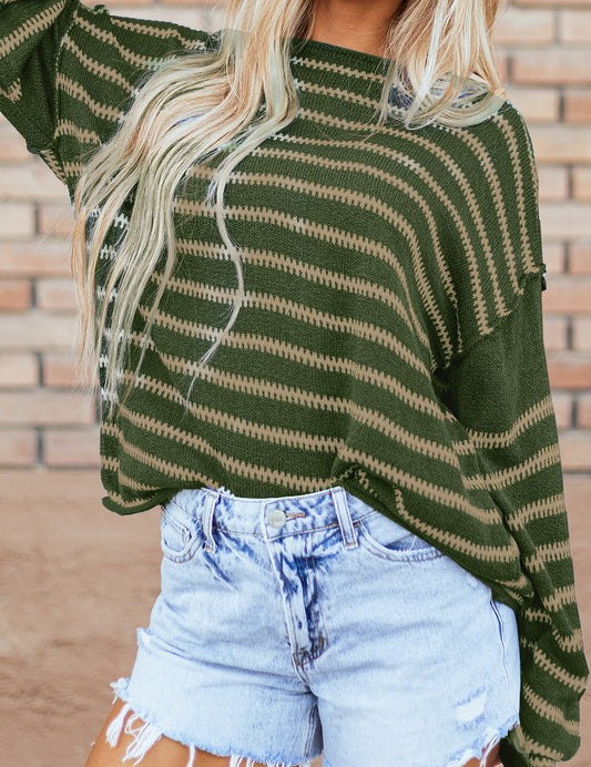 Casual Stripe Round Neck Drop Shoulder Sweater