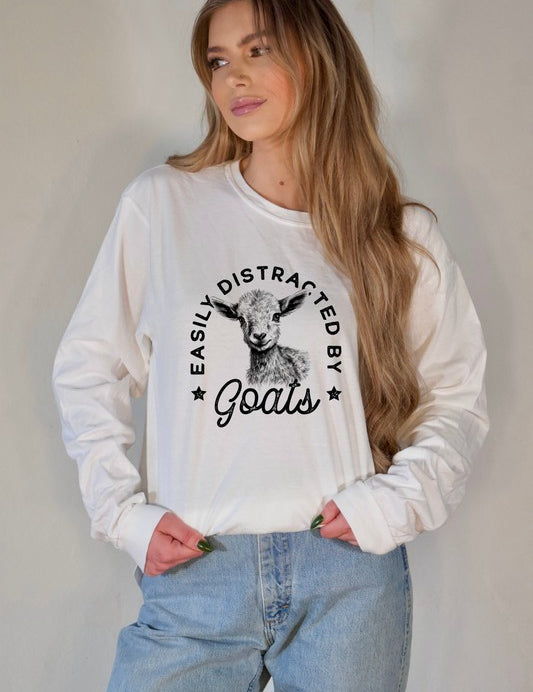 Unisex Long Sleeve Graphic Tee - Easily Distracted by Goats
