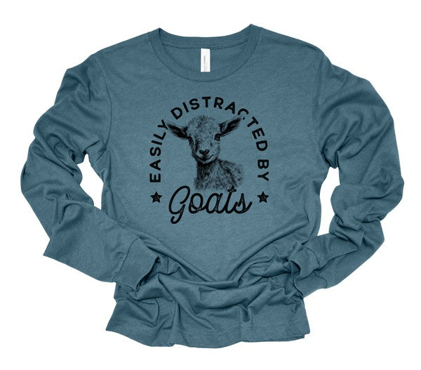 Unisex Long Sleeve Graphic Tee - Easily Distracted by Goats