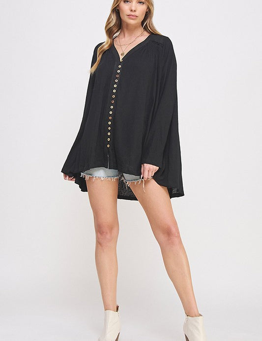 Plus Size Oversized Long Sleeve V-Neck Button Down Tunic