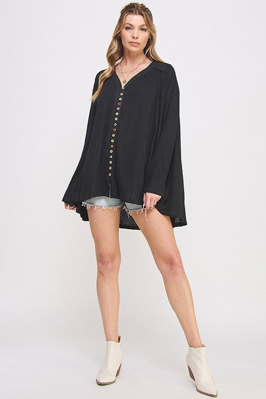 Plus Size Oversized Long Sleeve V-Neck Button Down Tunic