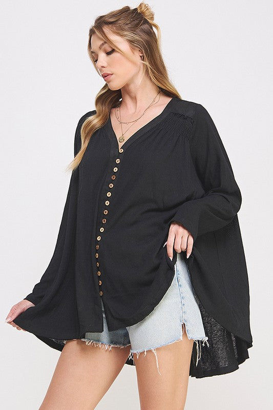 Plus Size Oversized Long Sleeve V-Neck Button Down Tunic